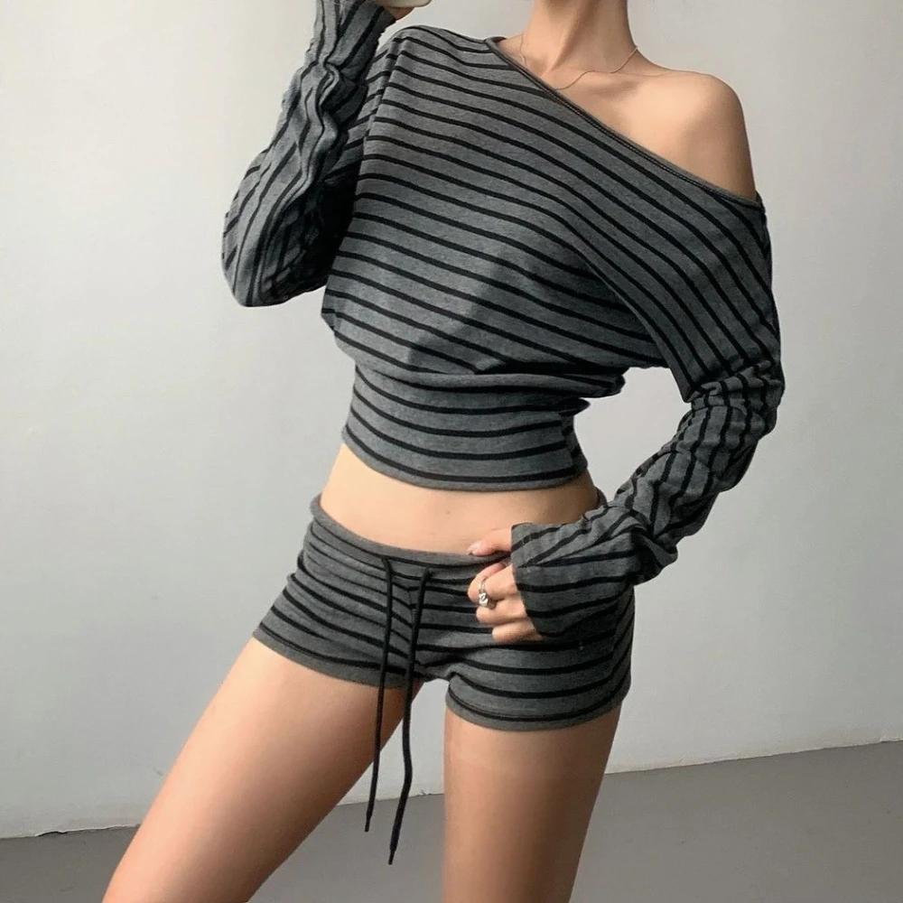 HOUZHOU Striped Off-shoulder Long Sleeve T-shirts Black Grey Drawstring Low-rise Shorts Korean Style Women Casual Top Pants Set
