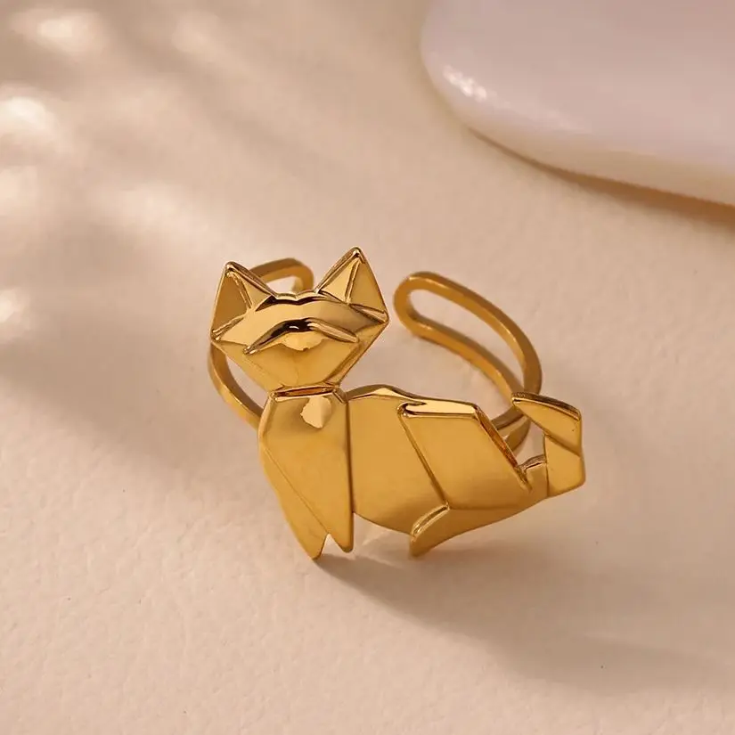 

Simple Unique Cat Rings For Women Gold-Plated Stainless Steel Elephant Penguin Adjustable Ring Handmade Christmas Jewelry Gift