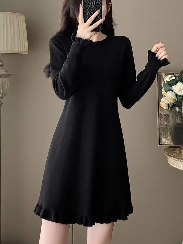 

plus Size Lazy Style Knitted Dress Women's Fattening MMA Word Slimming Hide Belly Sweater Dress High Waist A-Line Skirt