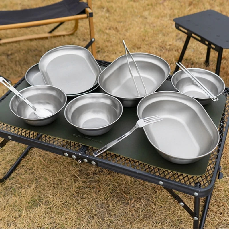 Set of 6/8/10 Outdoor Camping Dish Set Dinner Plate Reliable Stainlesss Steel Plates Practical Picnics Dishes