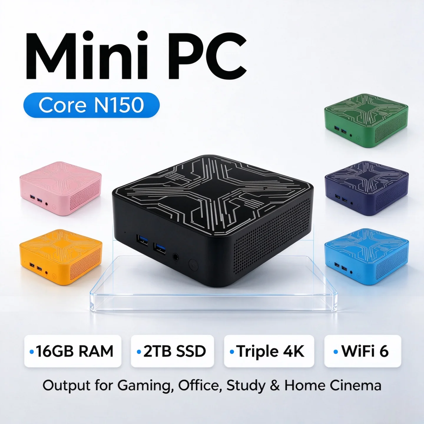2026年型-intel-core-n150-ポータブルミニpc。16gbメモリ、m2-nvme-ssd搭載。トリプル4k対応、wi-fi-6、静音冷却、高効率。オフィスや家庭でのデスクトップpcとして最適。