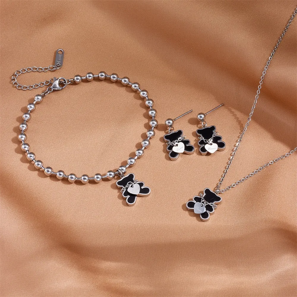 Jewelry Stainless Steel Necklace Bracelet Earring Set Black Shell Fashion Jewelry Accessories