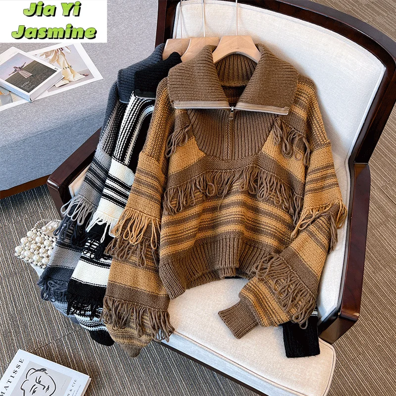 Retro Collar Striped Sweater for Women 2024 Autumn/Winter New Style Large Size Slim and Stylish Tassel Short Knitted Sweater