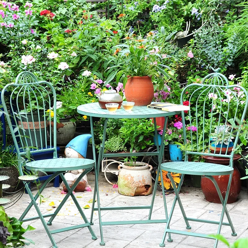 Outdoor Courtyard Garden Chairs Iron Hollow Out Folding Tables and Chairs Do Old Crafts Terrace Table Sunroom Leisure Furniture