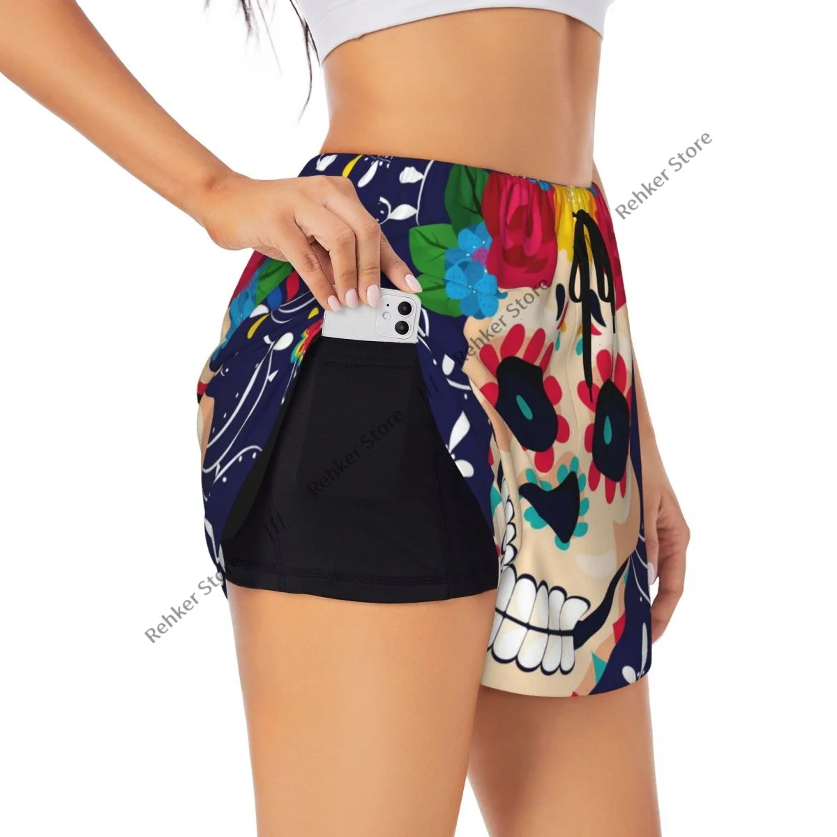 운동 반바지 여성 피트니스 빠른 건조 더블 레이어 반바지 해골 꽃 멕시코 운동 요가 짧은 바지 체육관 레깅스