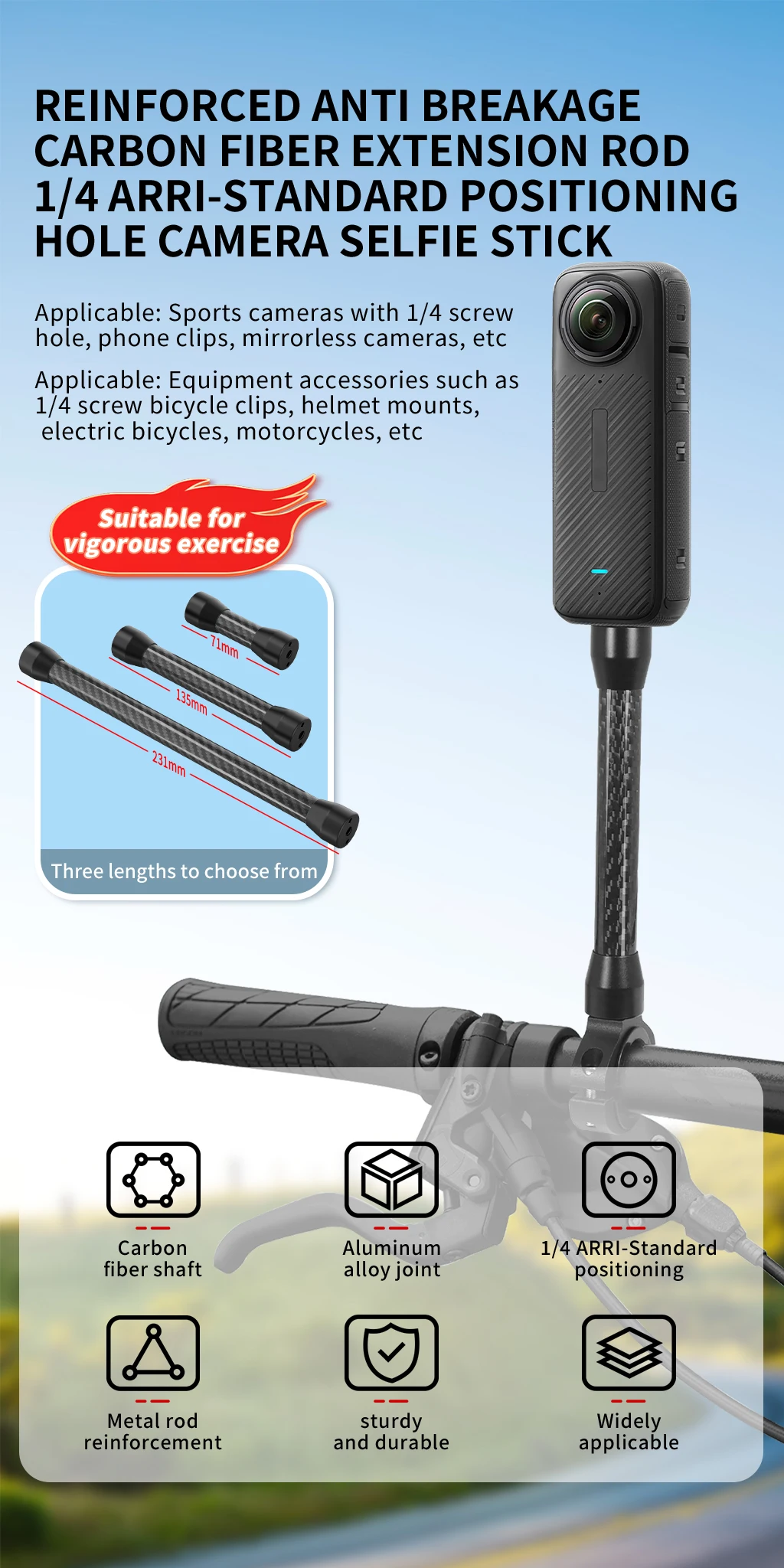 Kohlefaser-Verlängerungsstange 1/4 Bruchsicherer Selfie-Stick Motorrad-Halterungsadapter für GoPro Insta360 X5 DJI OSMO Pocket4 Kamera – Detail 1