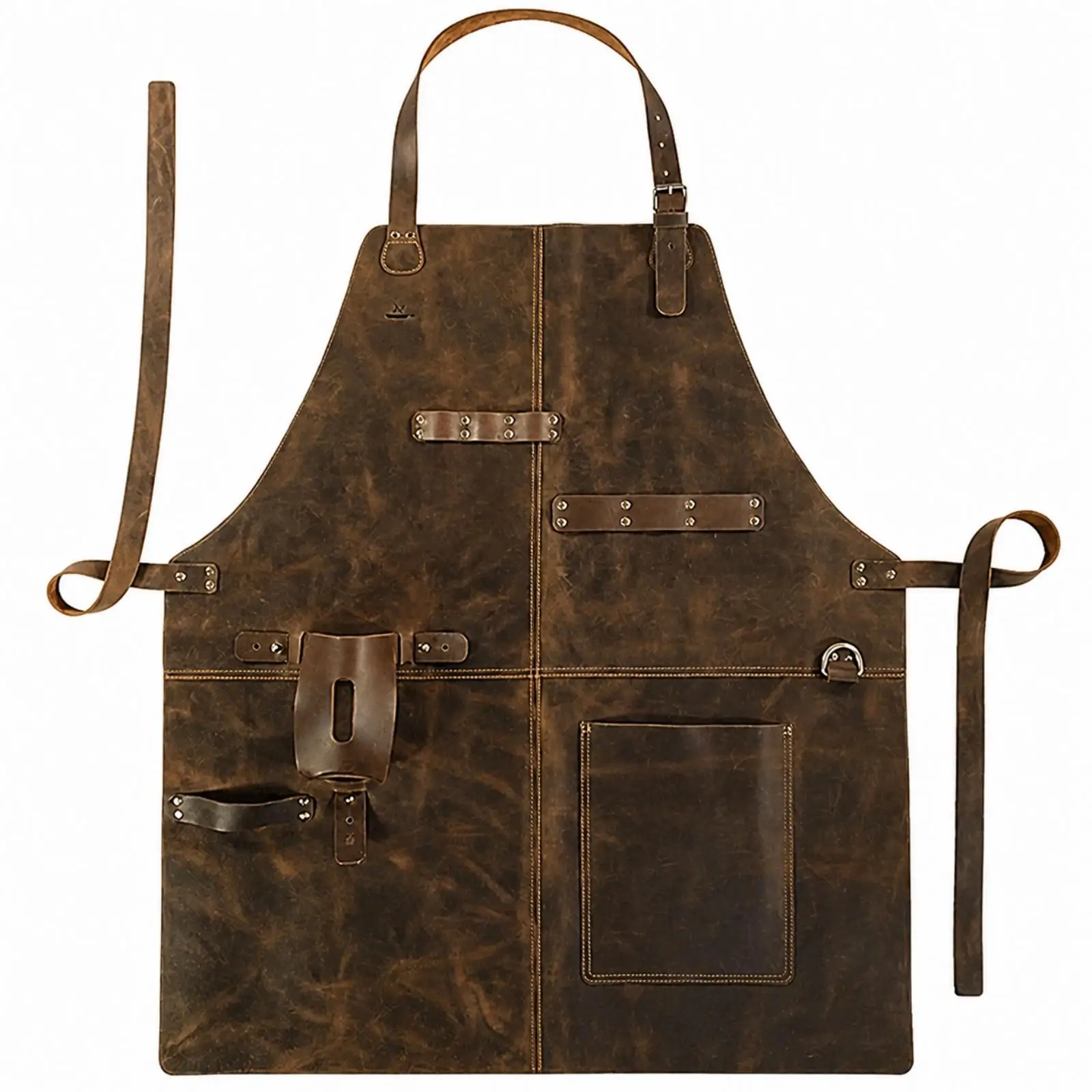 Vintage Brown Leather Cross Neck Apron for Men with Multi Tool Loops Adjustable Waist Tie for Woodcrafting BBQ Cooking