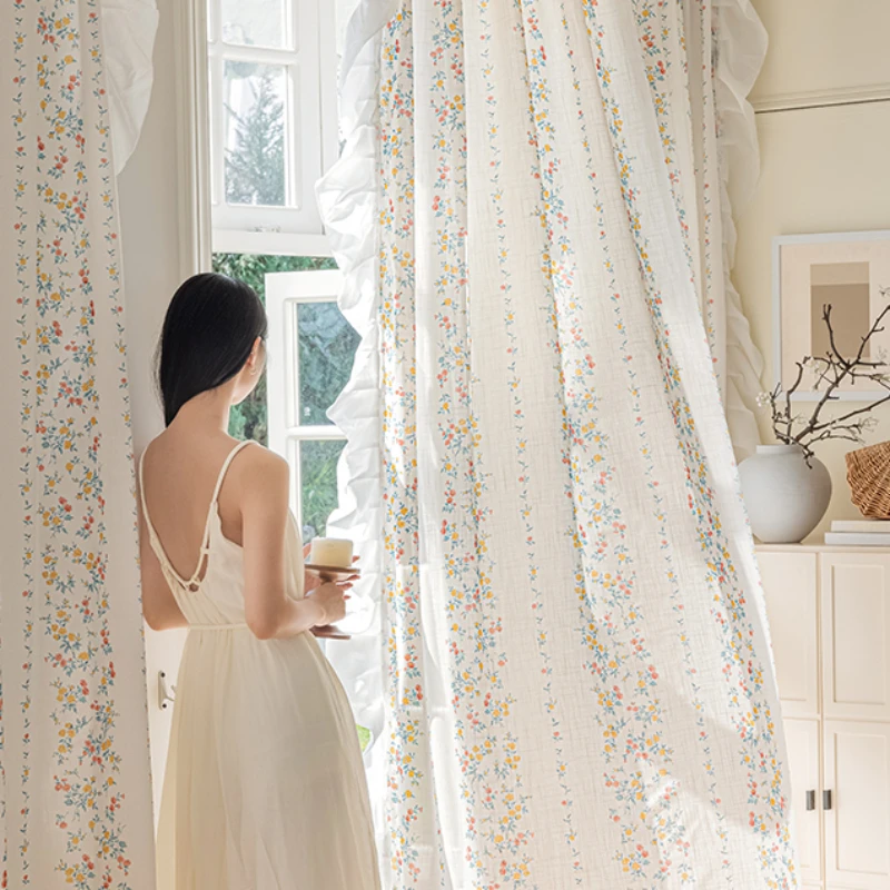 French Light Luxury Small Floral Curtain Small Fresh Cute Style American Retro Curtains Bay Window Bedroom Pastoral Style Drapes