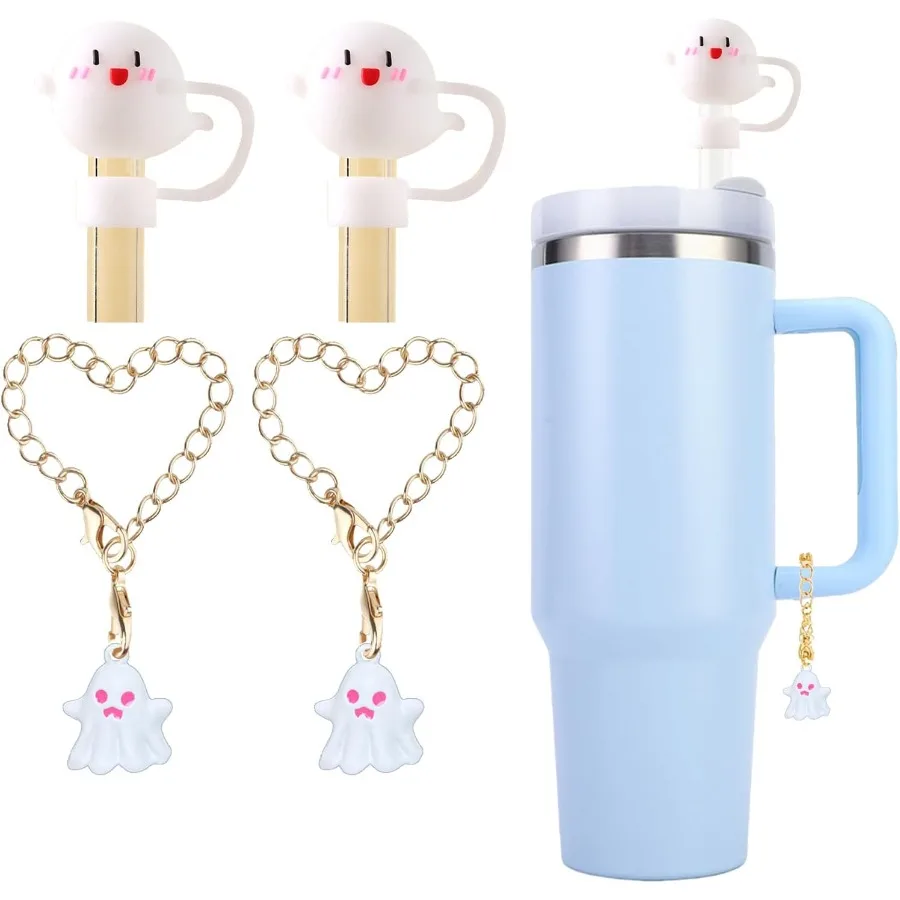 هالوين شبح القش كوف كاب ل ستانلي كوب 2 قطعة 10 مللي متر لطيف سيليكون القش Toppe ل تعثر مع 2 قطعة شبح السحر Peolized S #1