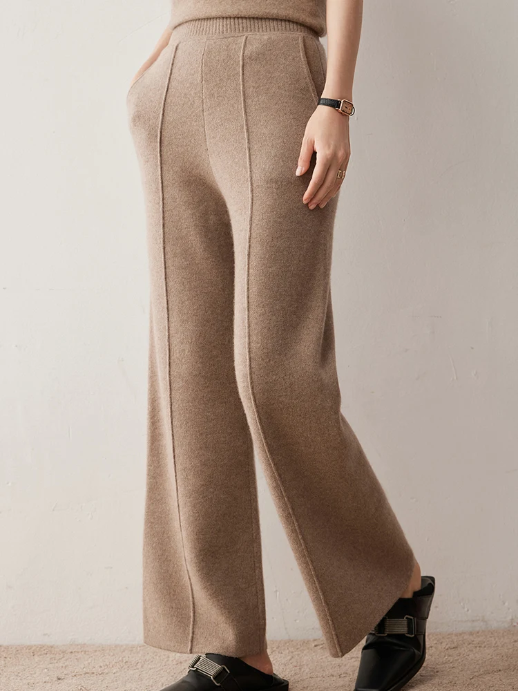 

Women’s Straight Cashmere Pants Autumn Winter Elastic Waist 100% Cashmere Knitted Solid Pockets Office Lady Classics Trousers