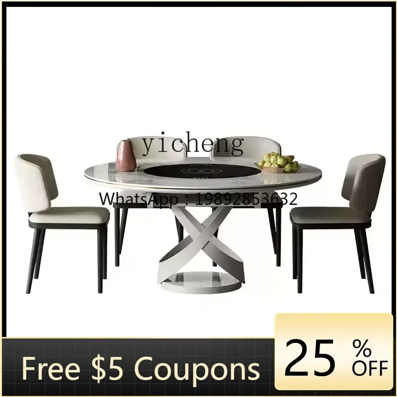 ZZ  . Slate Dining Table Retractable Cream Wind Multifunctional Folding Round Table with Induction Cooker