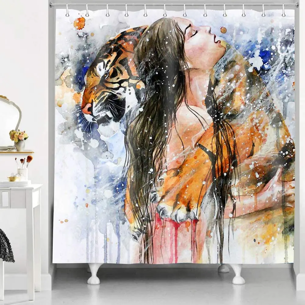 Girl Tiger Shower Curtain Oil Painting Watercolor Human And Animal Friendship Winter Is Coming Wild Life Bathroom Decoration