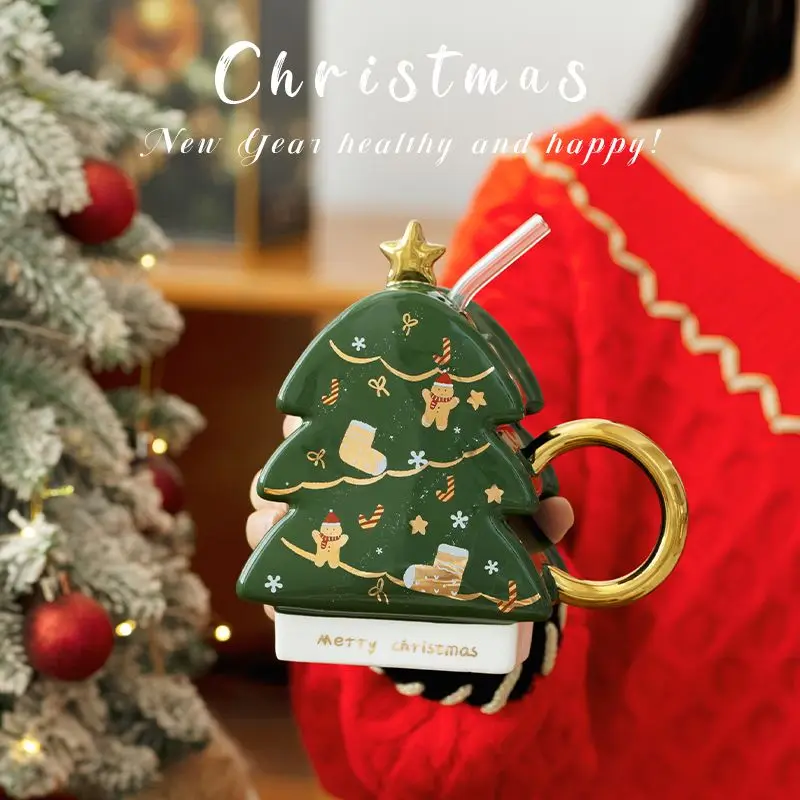 

Christmas Tree Straw Mug with Lid Christmas Gift Couple Water Cup Home Office Ceramic Coffee Cup Afternoon Tea Drinking Set