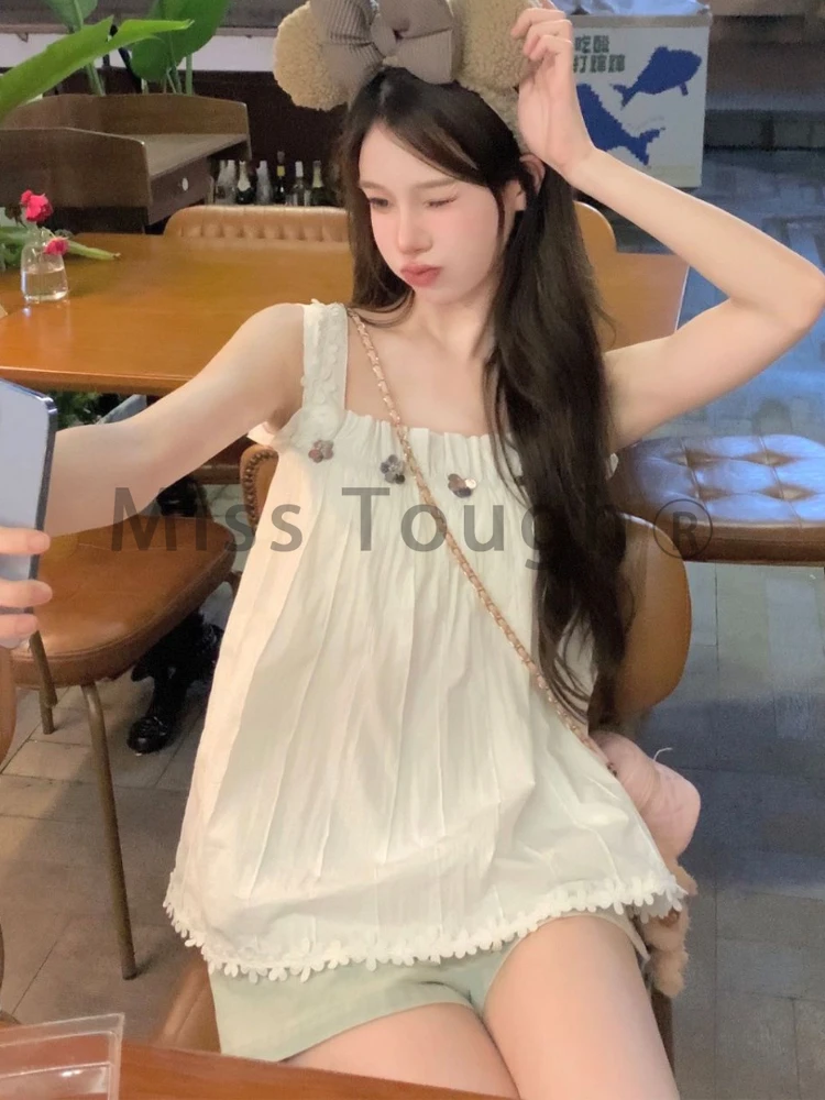 Korean Fashion Y2k Solid Sleeveless Tops Women Vintage Elegant Loose Tank Tops Female Designer Japanese Tank Top Summer 2024