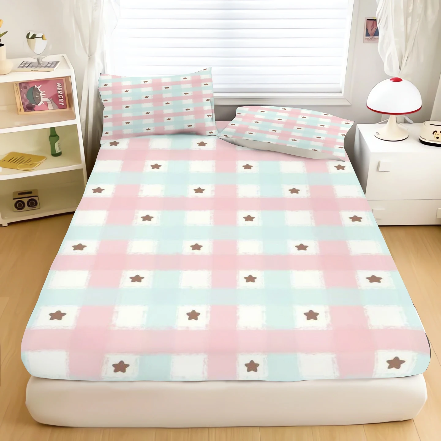 

Fitted Sheet Cute Rhombus Lattice Cartoon Sheets Cover Children Anime Teenager Soft Elastic Printing Bedding