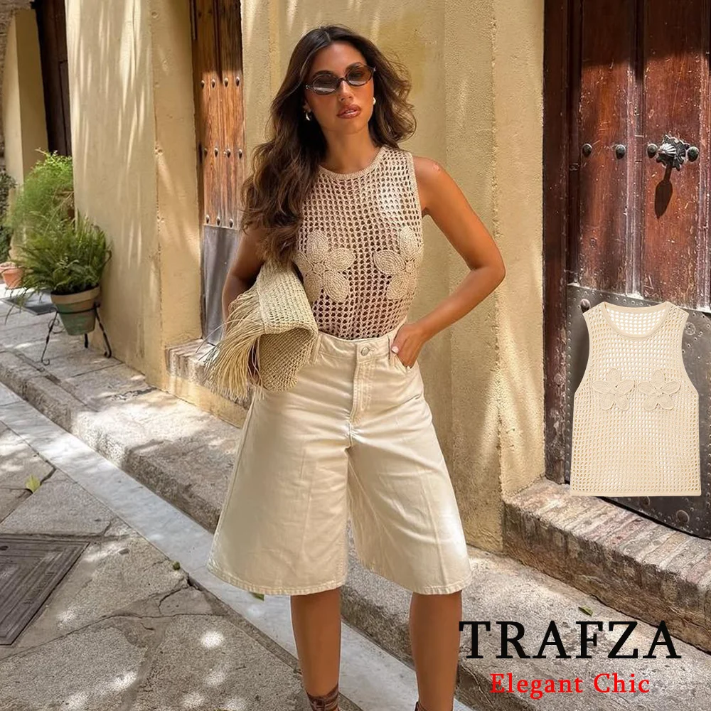 

TRAFZA Vintage Women Flower Crochet Vest Hollow Vest Top New 2025 Spring Summer Fashion Party Date Beach Holiday Chic Mujer Tops