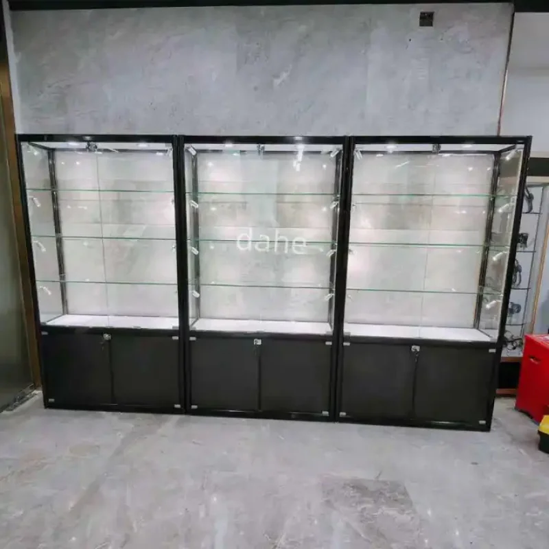 Custom. Glasses Store Display Furniture Aluminum Frame Glass and Wood Showcase with Led Lights Lockable Glass Door Cab