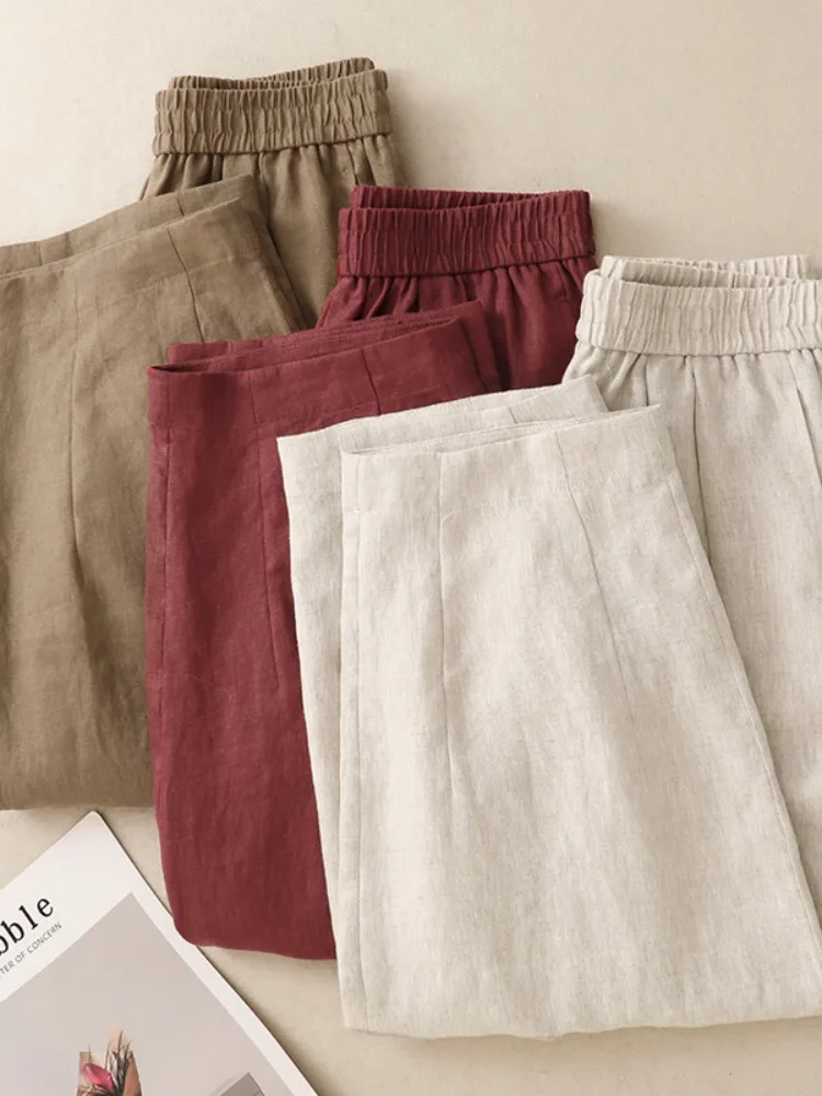 กางเกงผ้าลินินทรงหลวมสบายๆ สำหรับผู้หญิง ฤดูร้อน เอวยางยืด ทรงบอลลูน ช่วยให้ดูผอมลง น้ำหนักเบา ใช้งานได้หลากหลาย