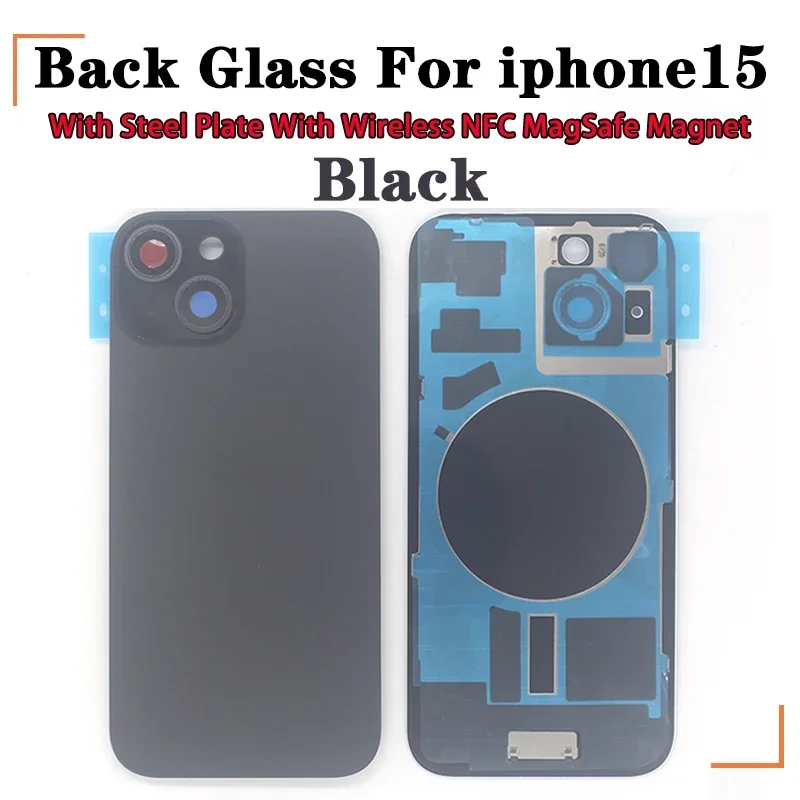 1pcs-5pcs Back Glass with Steel Plate with Wireless NFC MagSafe Magnet for IPhone 15 Original Colour Rear Cover Glass