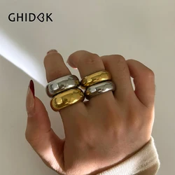 GHIDBK 8mm 10mm High Polish 18K Gold Plated Round Chunky Rings for Women Men Smooth Stainless Steel Minimalist Party Jewelry