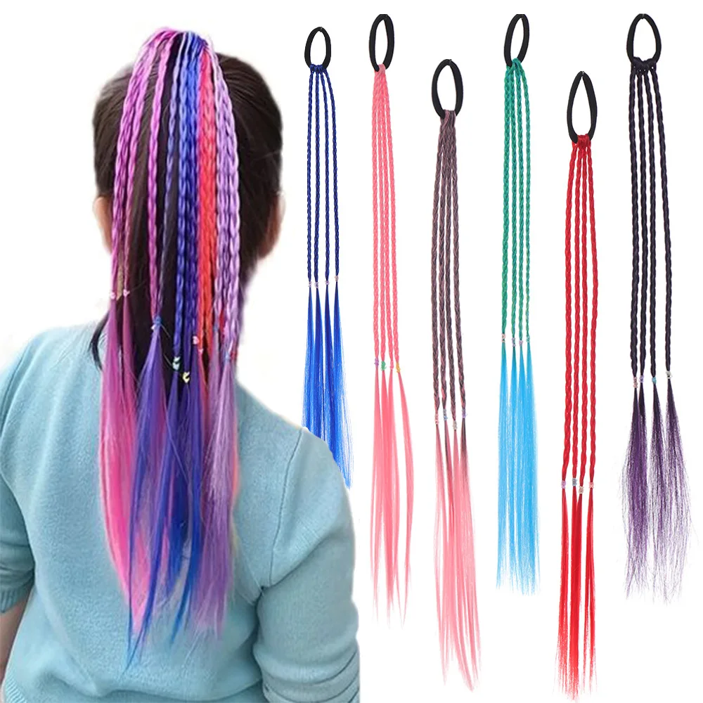 Perruques tissées colorées pour filles, accessoires pour cheveux, queues de cheval à la mode, bandes de caoutchouc durables adaptées aux filles de tous âges