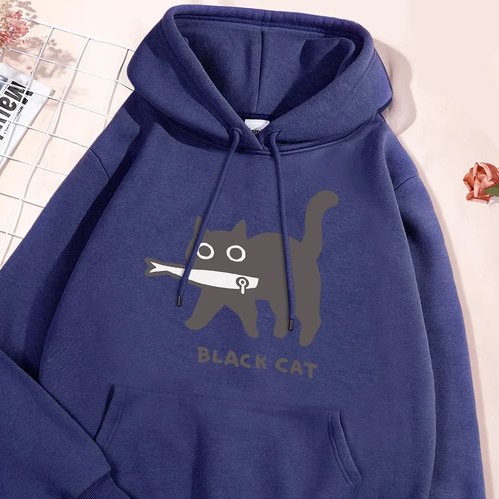 

Fun A Black Cat Eating Fish Hoody Men Women Harajuku Fashion Sweatshirt Loose Oversized Streetwear Fleece Warm Couple Hoodies