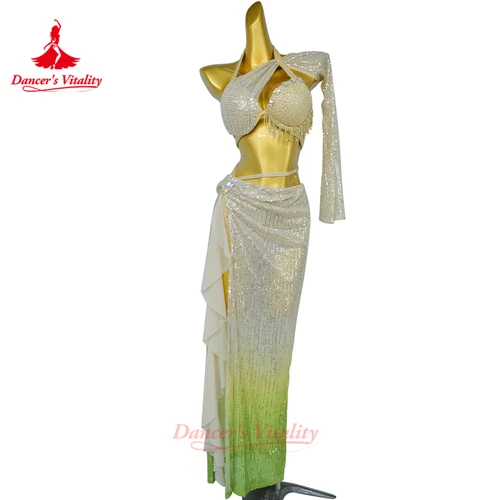 Traje de danza del vientre para mujer, sujetador con flecos de piedras AB + falda larga degradada Sexy, trajes de actuación de danza Oriental para adultos, 2 uds.