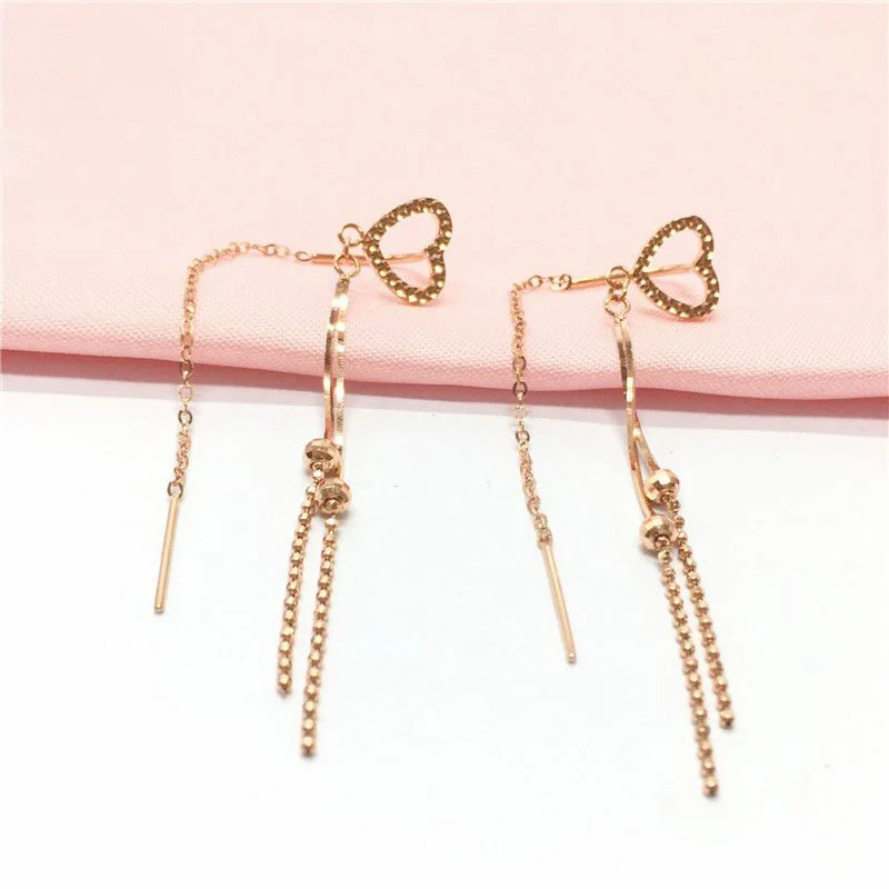 

585 purple gold earrings for women plated 14K rose gold heart-shaped earings round bead tassel chain fashionable banquet jewelry