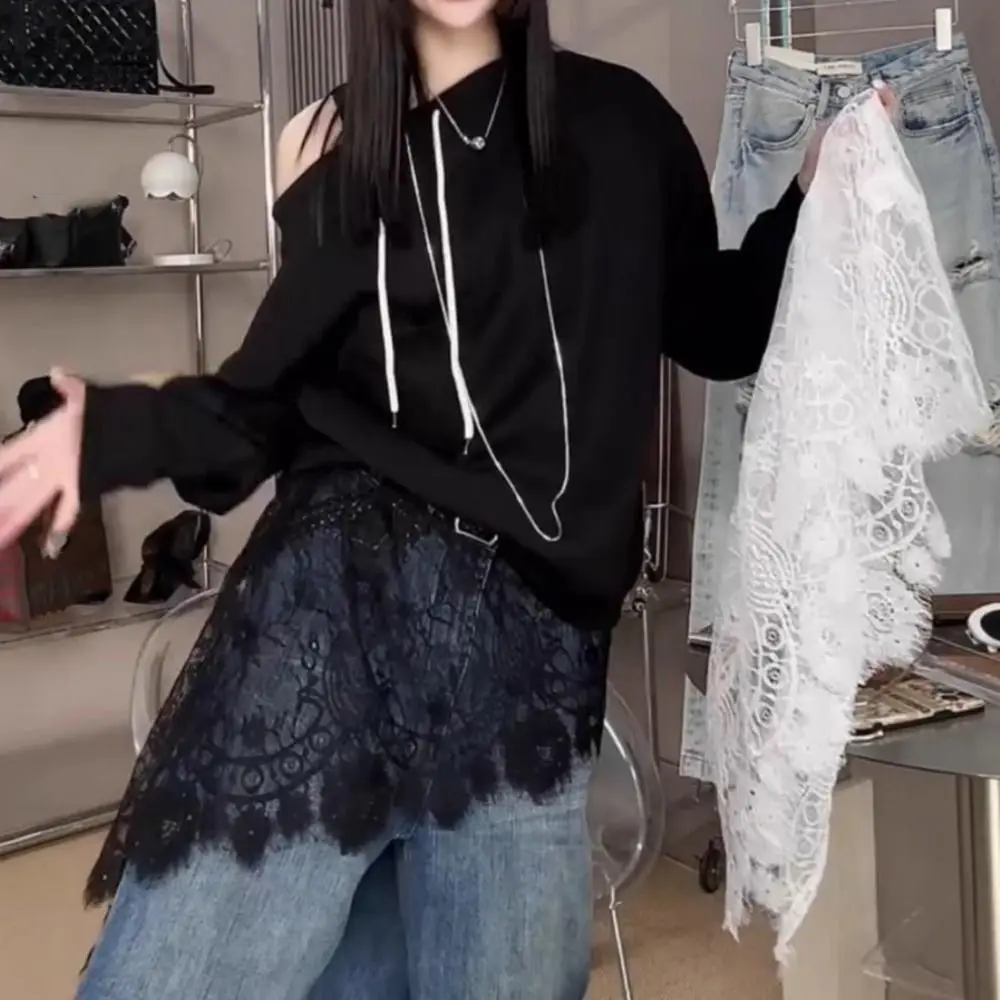 

New Embroidered Lace Skirt See Through Y2K Streetwear Hollow Out Skirt Lace-up Design High Waist Layering Skirt Jeans Decoration