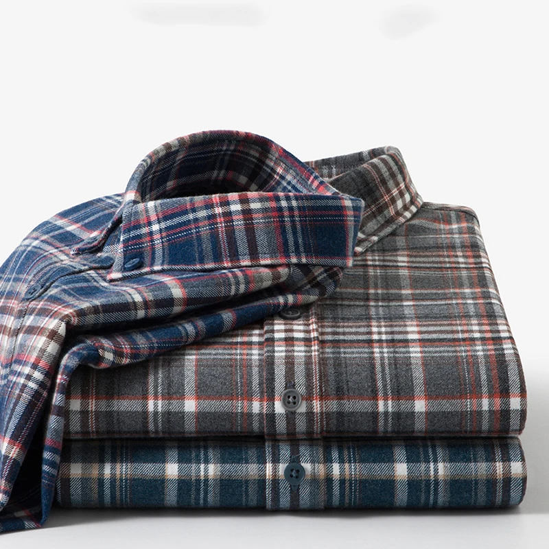 High Quality 100% Cotton Brushed Long Sleeve Shirts for Men Soft Casual Plaid tops Comfortable vintage Elegant Clothes