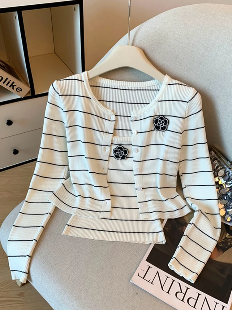

Женский вязаный жилет в полоску для похудения, тонкий удлиненный свитер, осенний комплект, повседневный французский стиль, комплект из двух предметов с завышенной талией