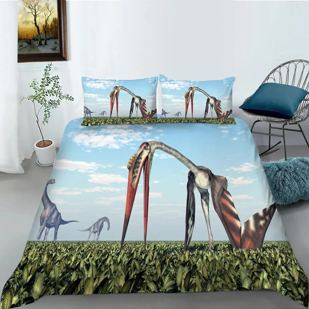 Jurassic Dinosaur Duvet Cover Set for Boys King/Queen Size Polyester Bedding Set Big Stegosaurus Brontosaurus Pterosaur