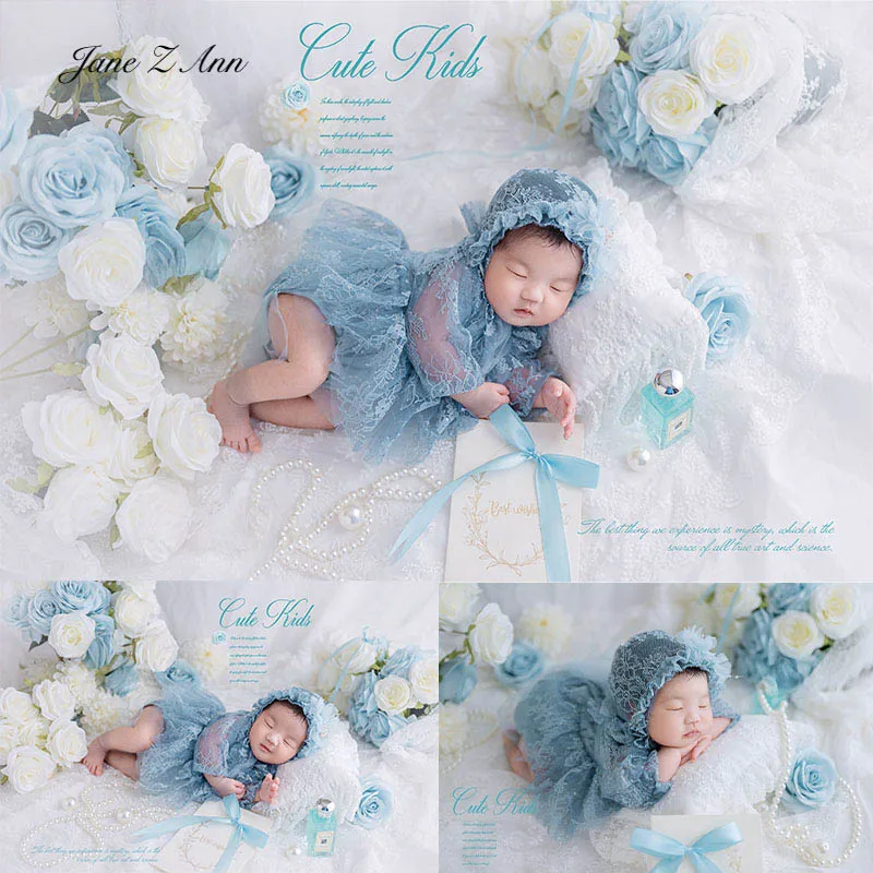 

Newborn photo props baby girl summer blue lace hat+dress princess costume