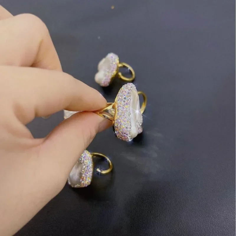 Natural Baroque Freshwater Pearl Finger Rings Rhinestone Clay Setting 18K Gold Plated Luxury Women Party Exquisite Jewelry