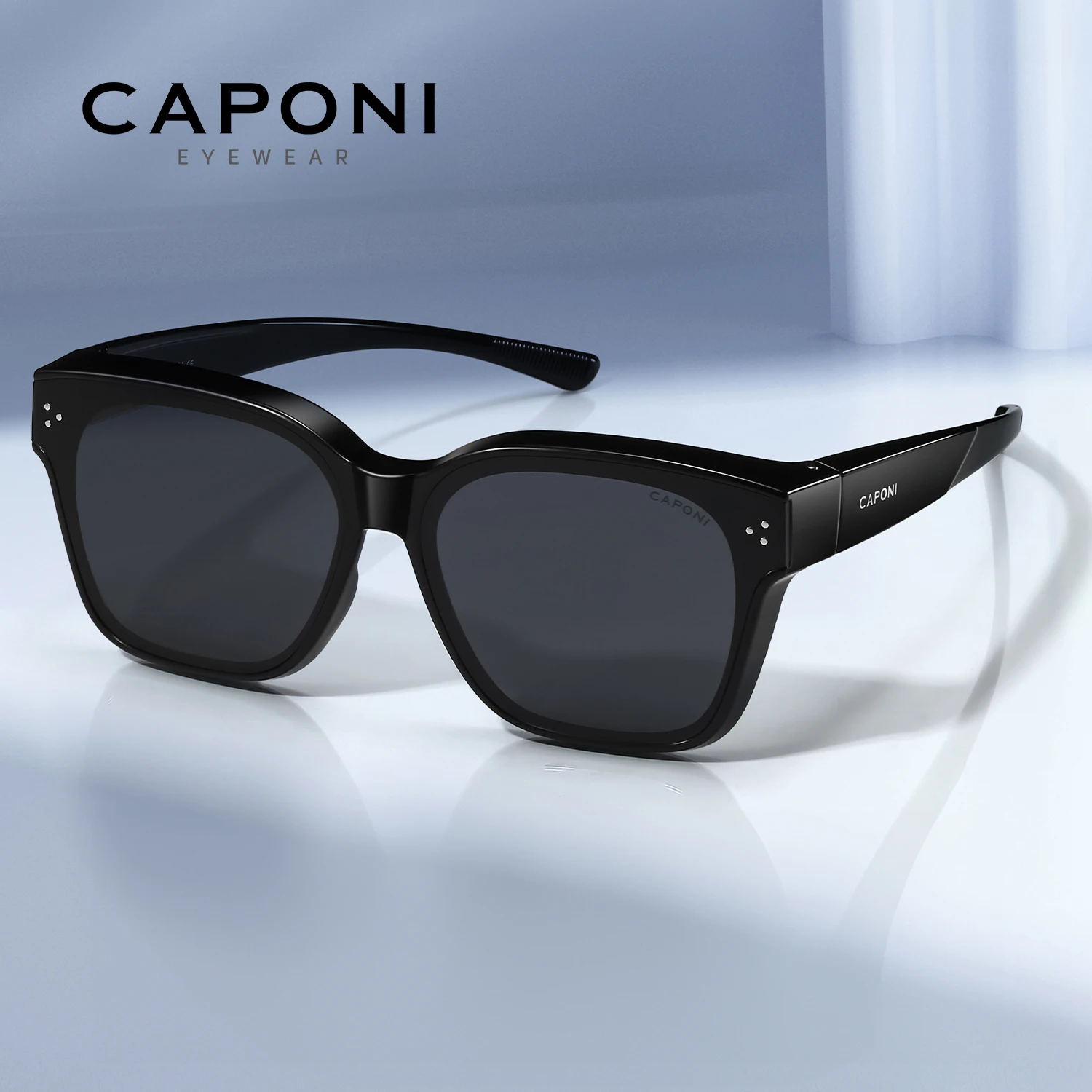 Okulary przeciwsłoneczne męskie CAPONI Fashion z polaryzacją, wysoka jakość, osłona EMS, możliwość noszenia na okularach korekcyjnych, ochrona UV420, lekkie, sportowe, czarne, model CP35014
