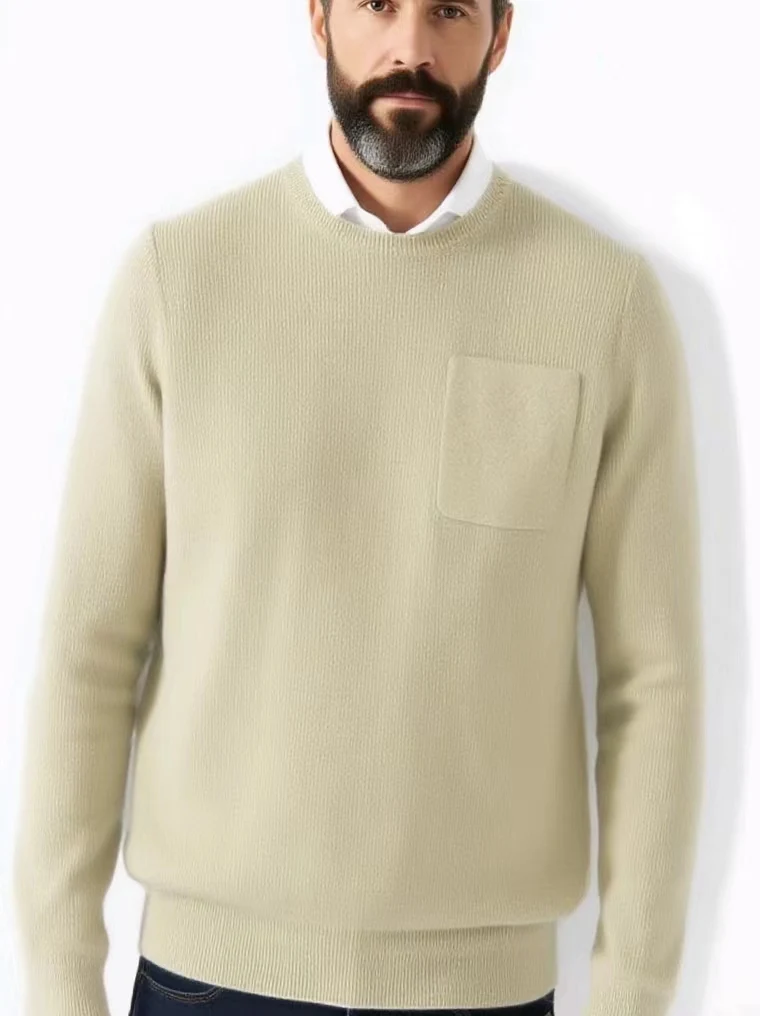 남성용 두꺼운 순모 스웨터 가을 겨울 O넥 풀오버 100% 메리노 울 니트웨어 기본 스마트 캐주얼 가짜 포켓 의류 상의