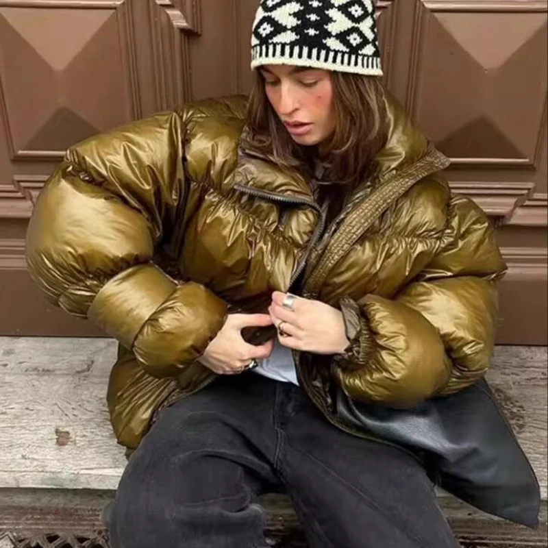 

Stand Collar Zipper Cotton Jacket Woman Loose Solid Color Long Sleeves Casual Coat Street Women's Warm Jackets