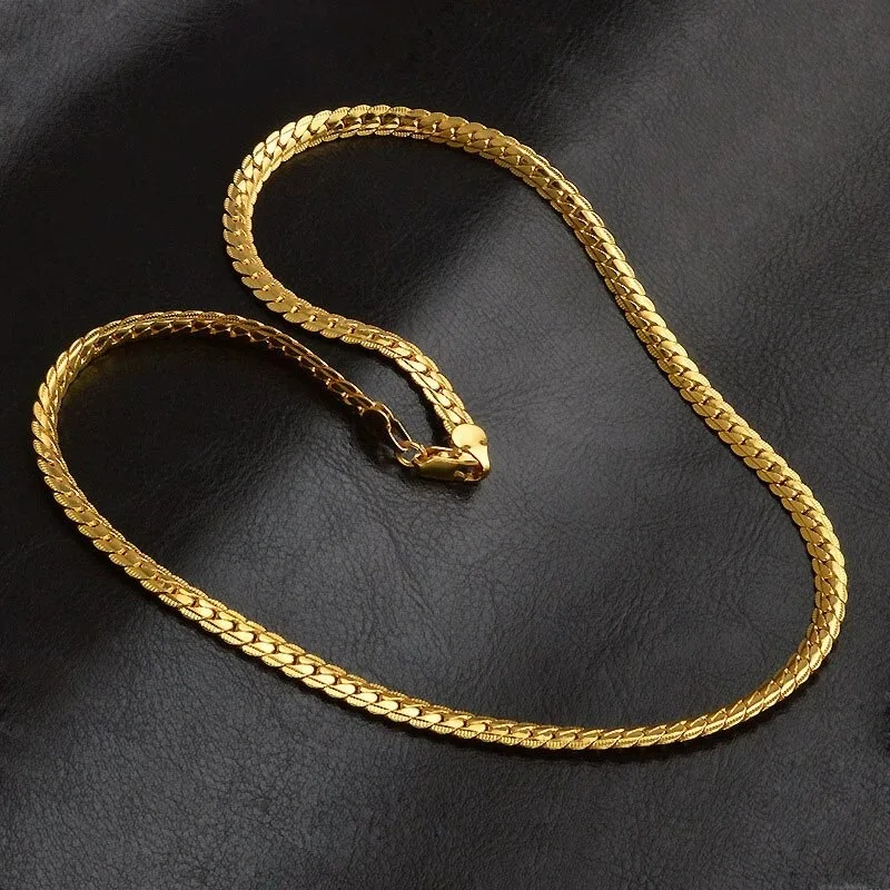 Luxury 24K 9999 Pure Gold real gold 5MM Side Chain Lobster Buckle Flat Snake Bone Necklace for Men and Women