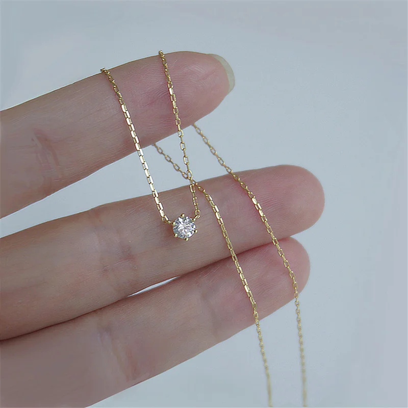 925 Sterling Silver 18k Gold-Plated Necklace With a Single Shiny 5A Zircon Collarbone Chain Suitable For Women's Wedding Jewelry