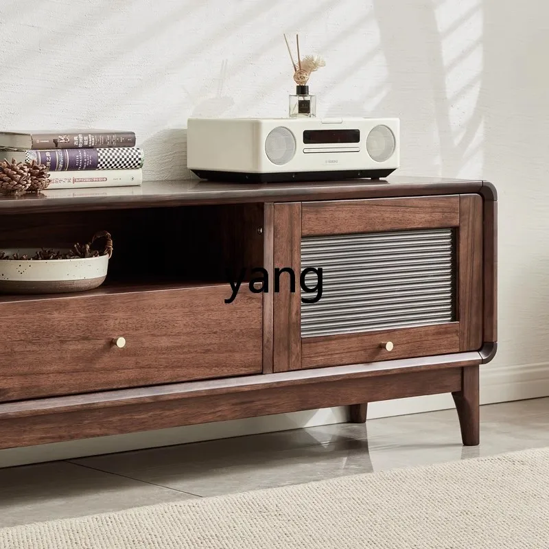 TJJ black walnut TV cabinet all solid wood simple and complete living room cabinet glass floor cabinet