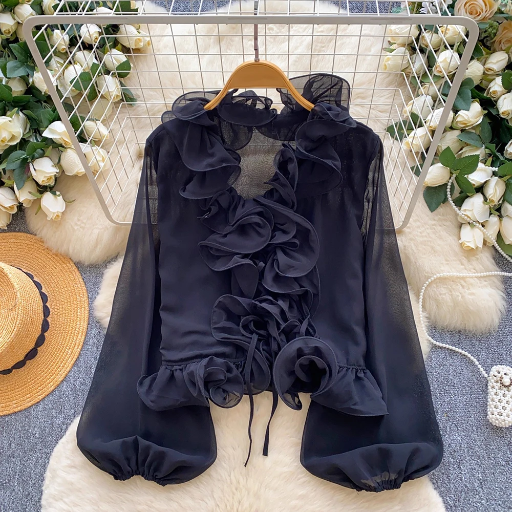 TWOTWINSTYLE ソリッドルーズ甘いフリルブラウス女性のための V ネック長袖春カジュアル通勤シャツ女性のファッション KBL557388