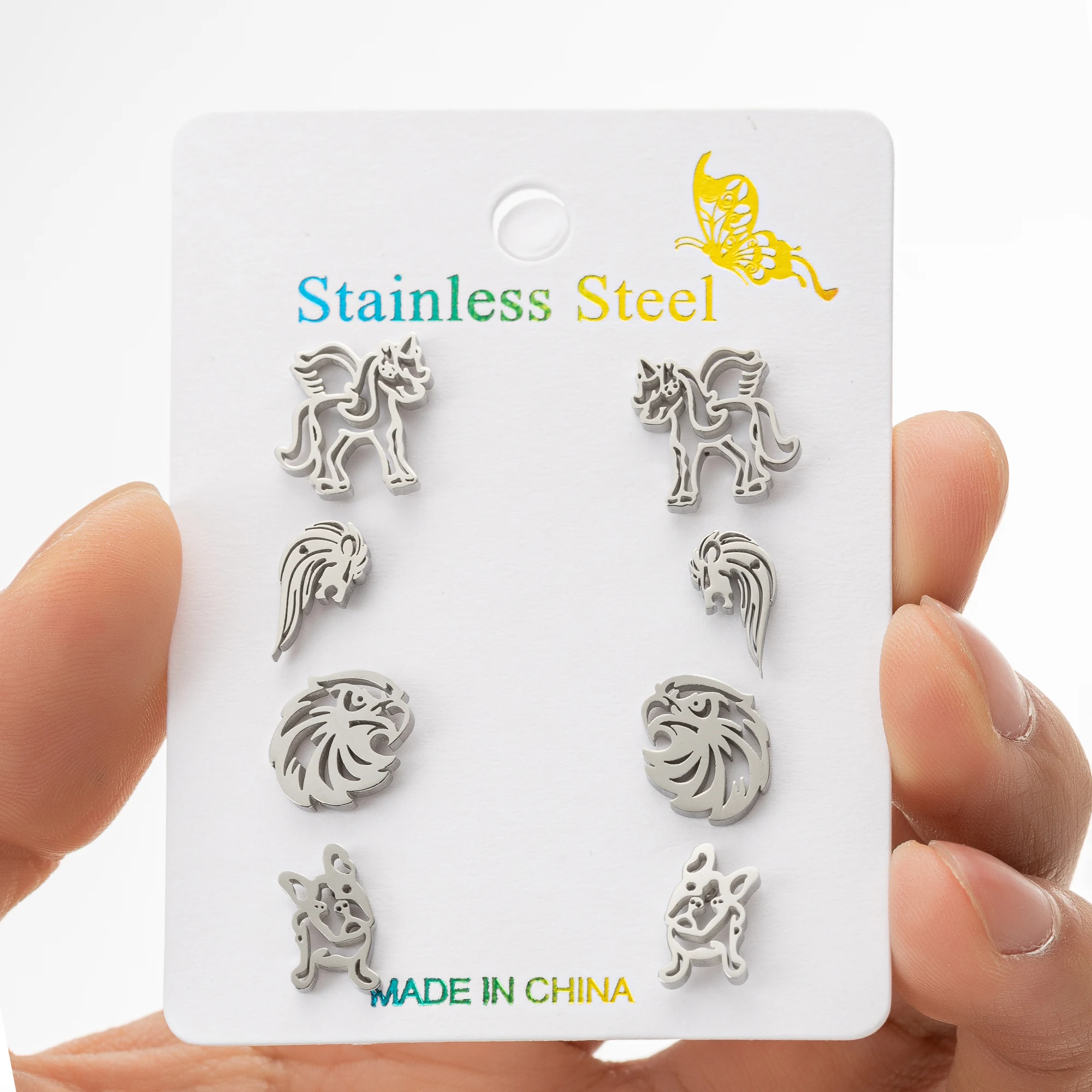 4 زوج/الوحدة الفولاذ المقاوم للصدأ كلب أقراط النساء الفتيات السيدات لطيف الحيوان يونيكورن الحصان وأقراط Kawaii الأقراط