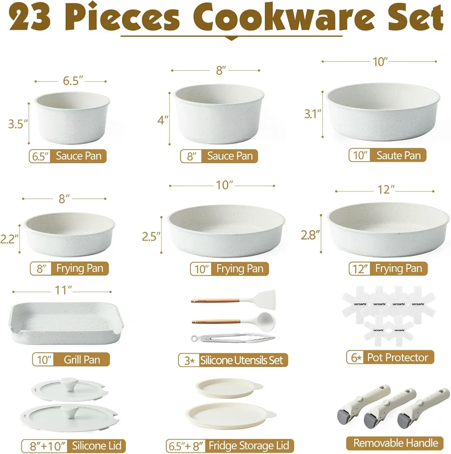 24 Piece Pots and Pans Set, Nonstick Detachable Handle Cookware, Induction Kitchen Cookware Set with Removable Handle (White)