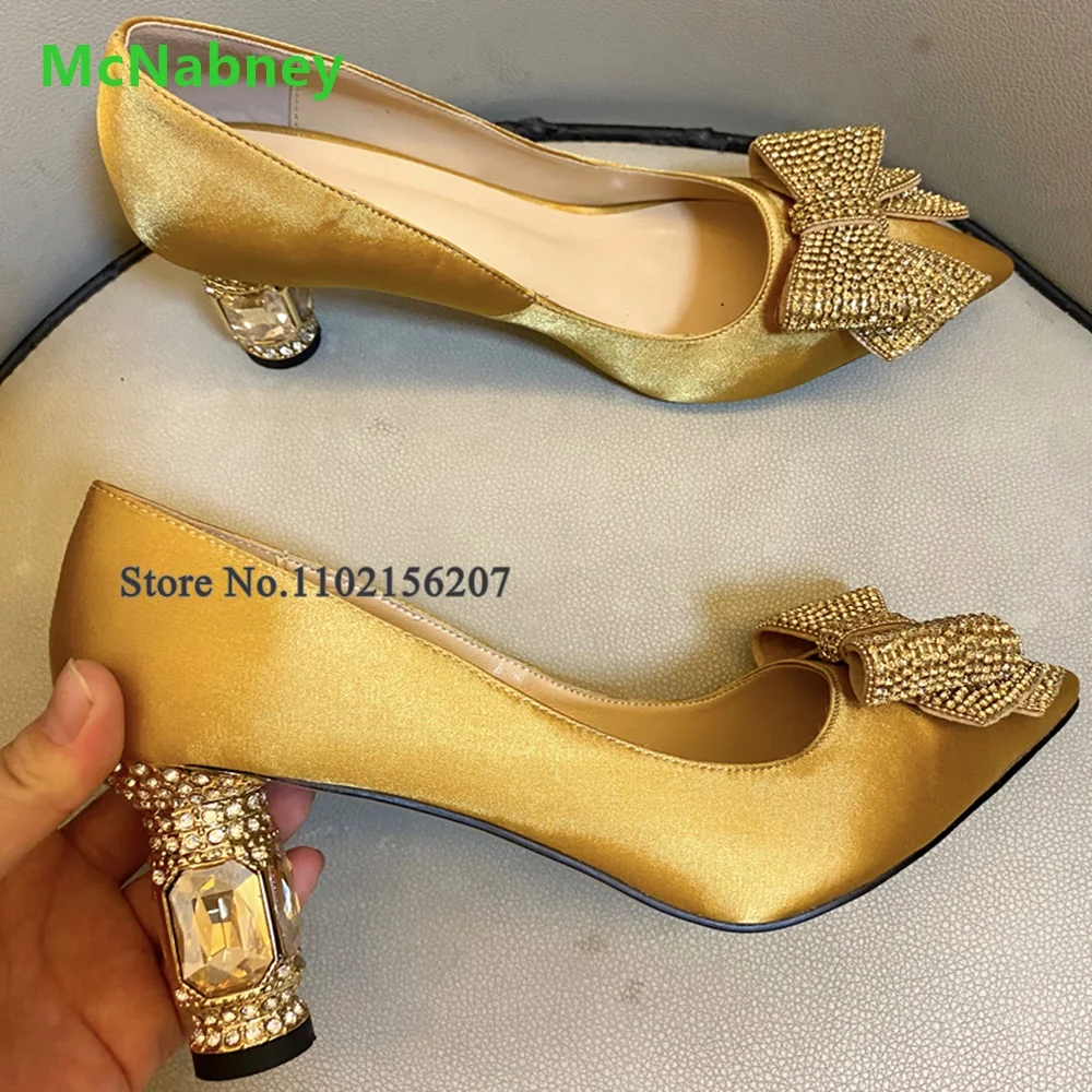 Gold Rhineatone Square Heel Pumps For Female Women 2024 Crystal Butterfly-knot Pointed Toe Solid Romantic Elegant Wedding Shoes