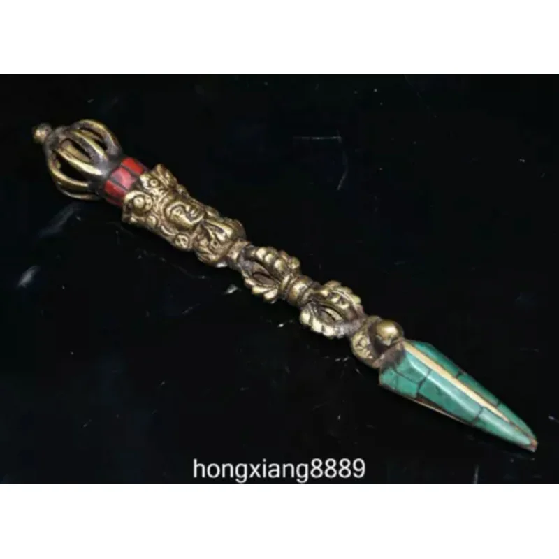 Old Tibetan Bronze Inlay Turquoise Coral Kwan-yin Buddha Head Faqi Phurba Dagger 14cm