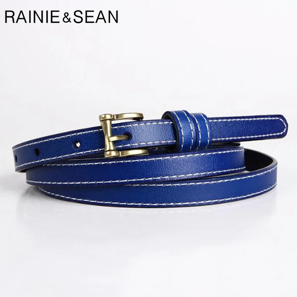 

RAINIE SEAN Blue Skinny Leather Women Belt Genuine Leather Female Vintage Thin Belt Woman Golden Pin Buckle Cowskin Belt