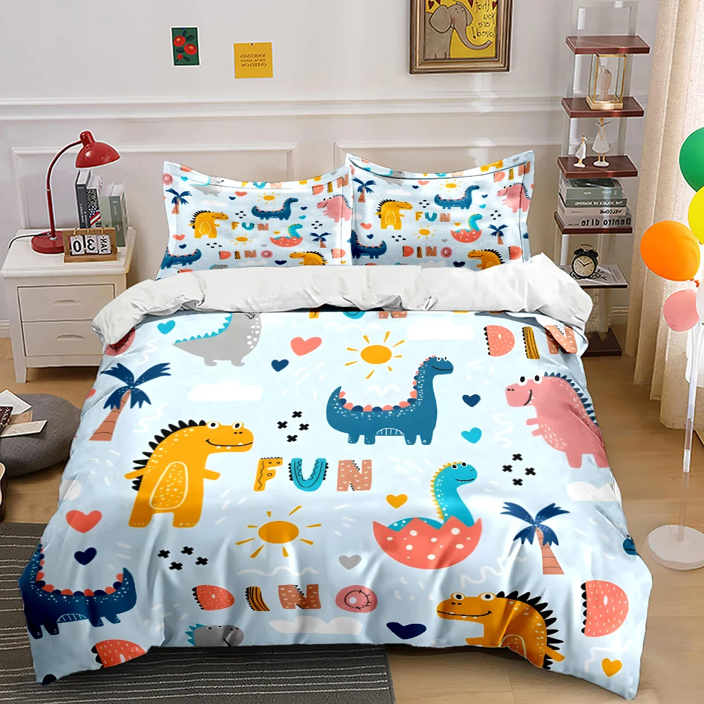 Fun Cute Dinosaur Cartoon Pattern Duvet Cover Set Digital Print Colorful Polyester Bedding with Zipper Closur for kids gifts