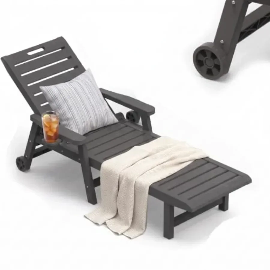 Outdoor Chaise Lounge Chairs for Pool Garden Beach Lawn, Waterproof Lightweight PP Resin, Beige, 5-Position Adjustable Backrest