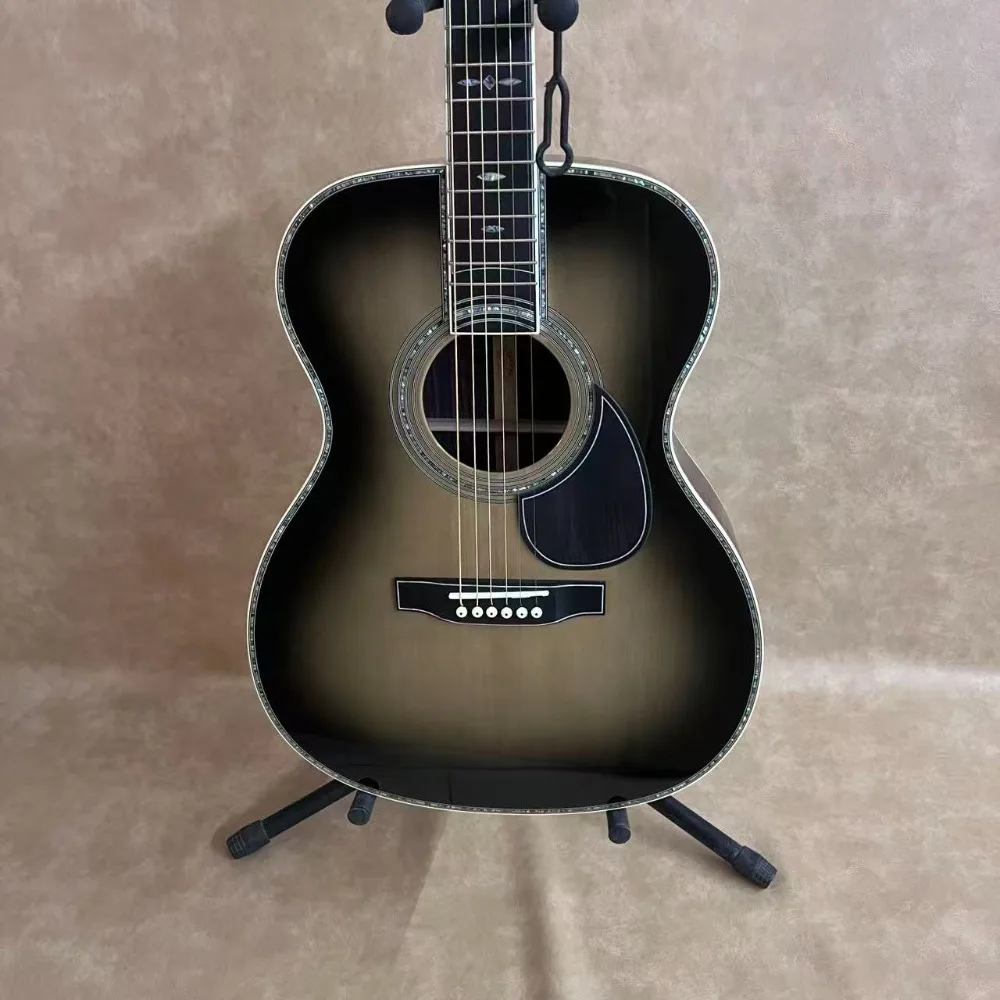 OM45 Grey Jimmy Folk Guitar Grey Gradient Spruce Panel Silver Grey Abalone Shell Edge Rose Wood Fingerboard Unisex