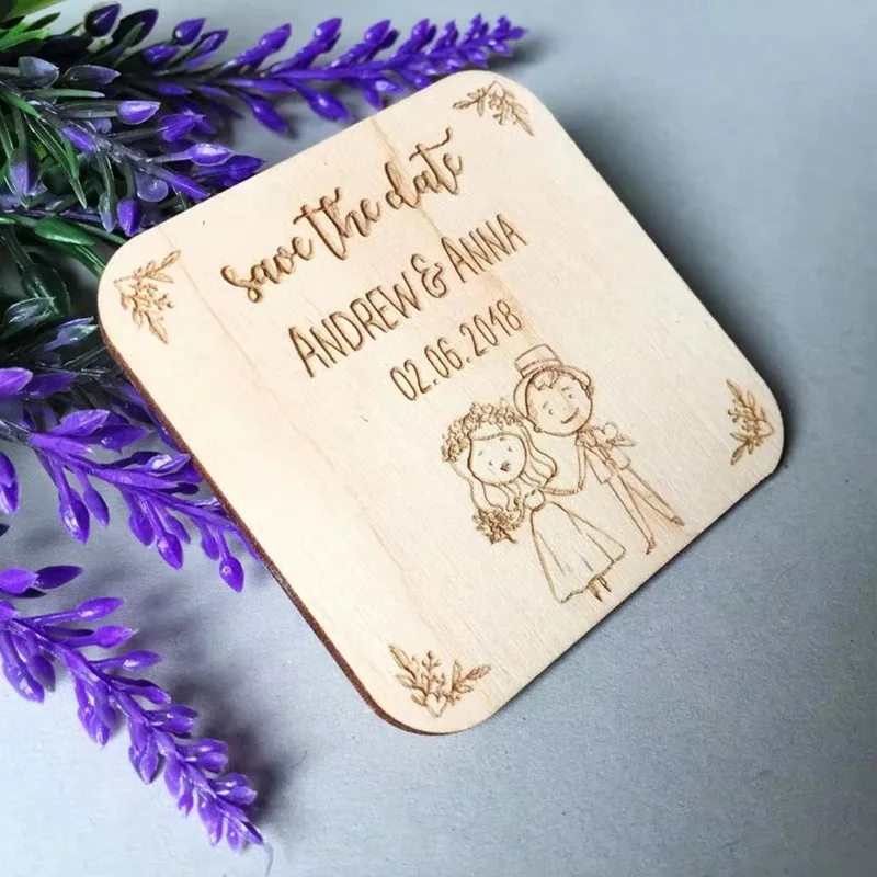 Personalized Square Magnet for Wedding, Save the Date, Wooden Invitation Refrigerator magnet, Bride Groom Gifts,Wedding Favors